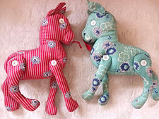 Pair of Adorable Handmade Stuffed Horses or Donkeys Moveable Legs Button Eyes 9"