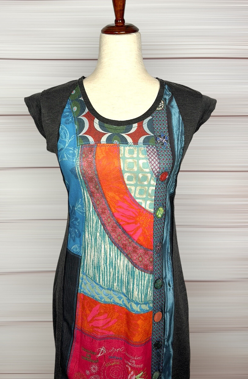 Desigual Patchwork Mini Dress Gray Multicolor Fro… - image 2