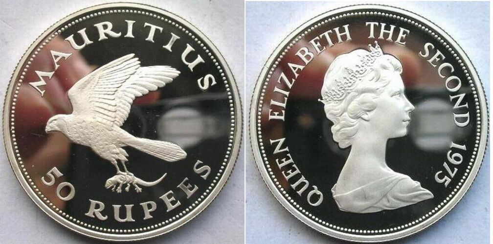 1975 Mauritius Large Silver Proof 50 Rupees-Kestrel bird