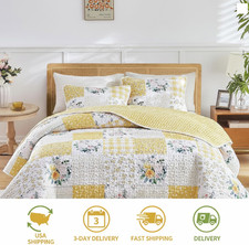 Joyreap Queen Floral Patchwork Quilt Set 3-Piece Yellow White Microfiber Bedspre