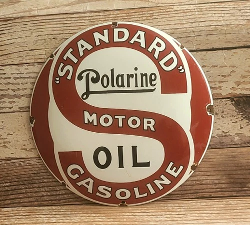 Vintage Standard Motor Oil Polarine Porcelain Metal Gas Pump Plate Domed Sign