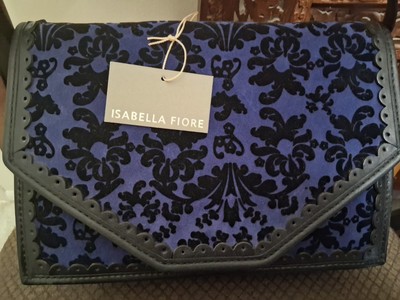  Isabella Fiore Sofia clutch bag, blue velvet w/black pattern. Textured floral