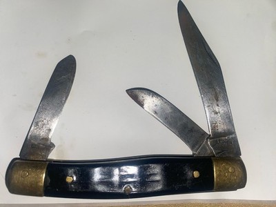 Vintage True Sharp USA 3 Blade Round End Stockman Pocket Knife Black Bone