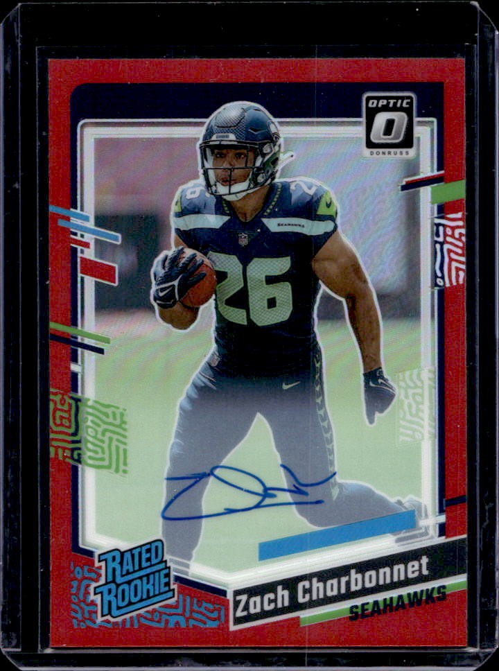 2023 Donruss Optic Zach Charbonnet Rated Rookie RPS Auto Red RC #31/75