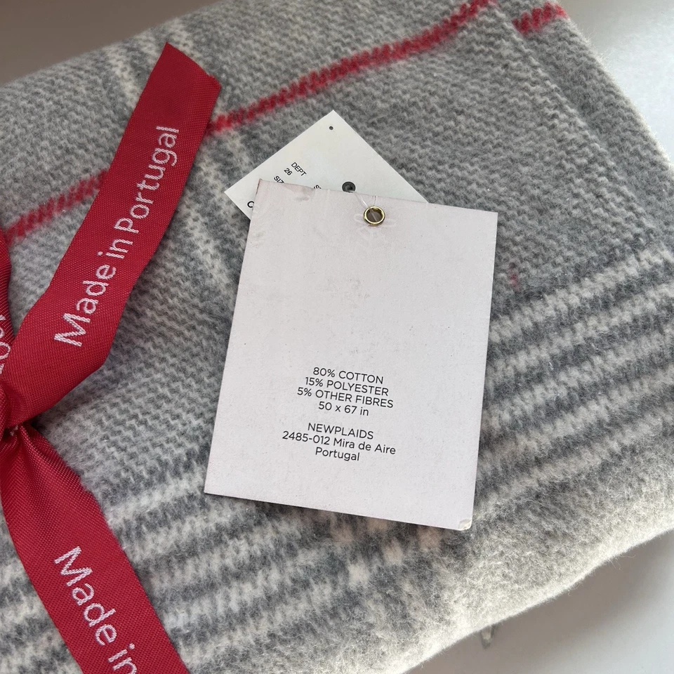 Roca Home Throw Blanket Made in Portugal Cotton Blend Grey Red Ivory 50”x67” - Image 3 of 4