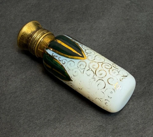19c.Victorian French Withe Opaline Glass Miniature Perfume Scent Bottle Gold Art