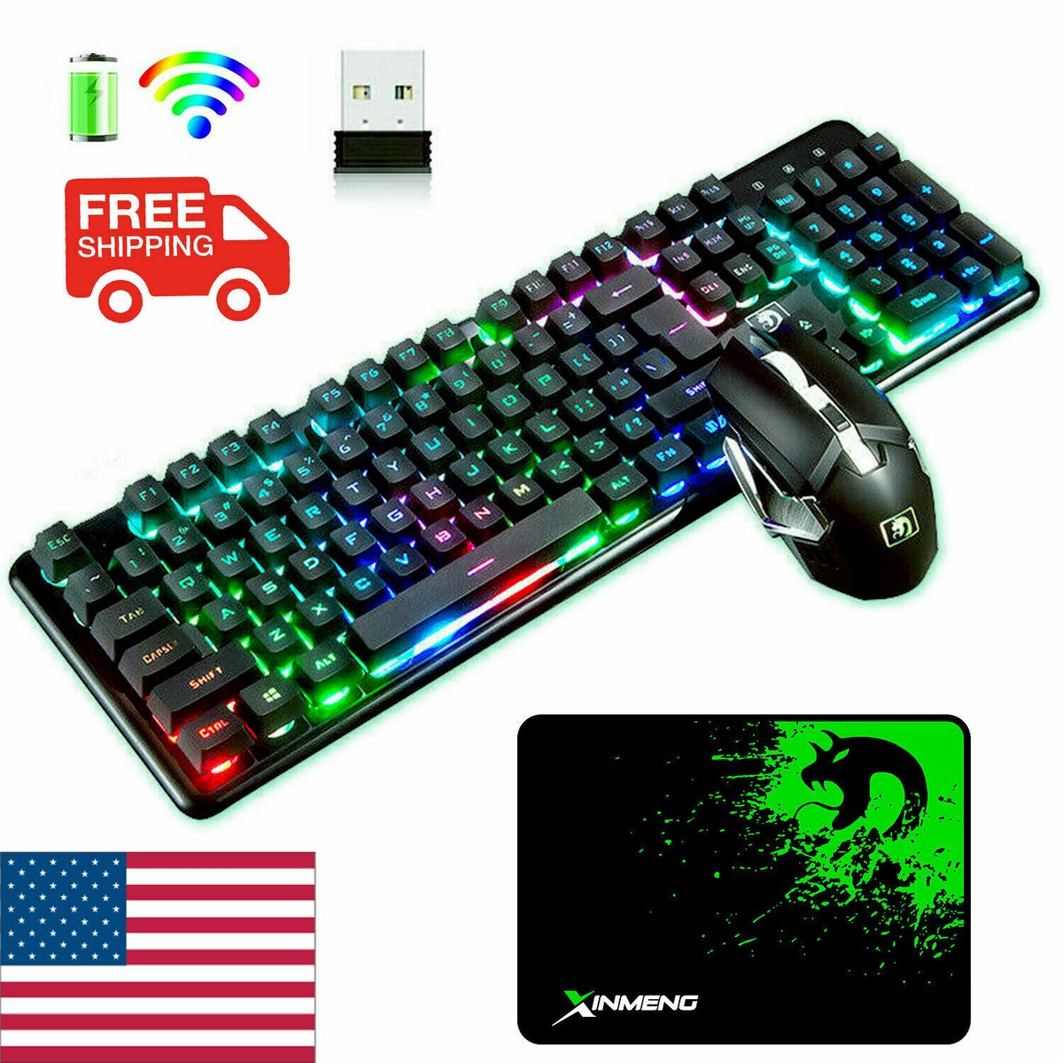 Wireless USB Gaming Keyboard Mouse LED Backlit Rechargeable for PC
