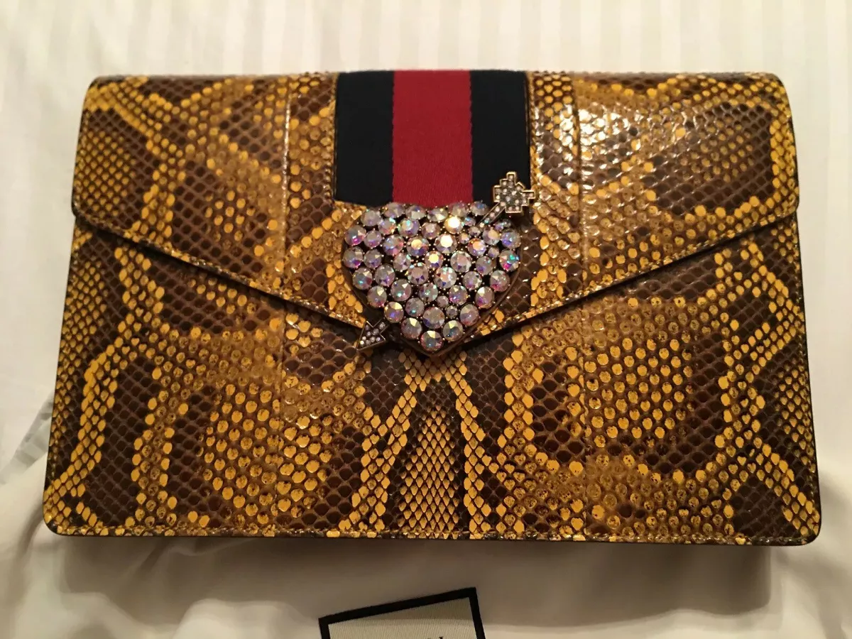 $5800 Gucci XL Broadway Genuine Yellow Python Skin Crystal Heart Envelope  Clutch