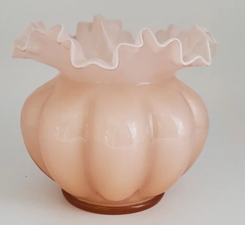 Unique Vintage Fenton Peach/Pink Melon Vase/Rose Bowl with Crimped Ruffle Edge
