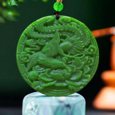 Double Green Carved phoenix Jade pendantCarved dragon jade