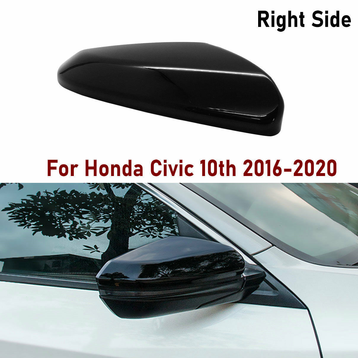 Black Car Right Side Mirror Cap Cover Replacement For 2016-2020 Honda Civic 10th