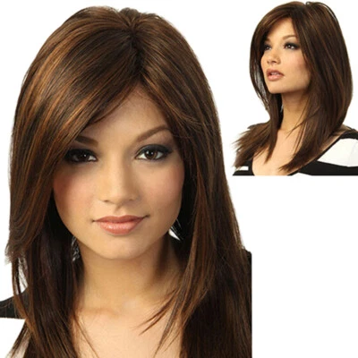 Women Natural Human Hair Wig Dark Brown Long Straight Partial Bangs Ventilation