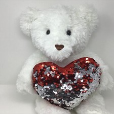 Dan Dee Bear Valentine's Day Plush White Red Silver Sequin Heart 18.5  
