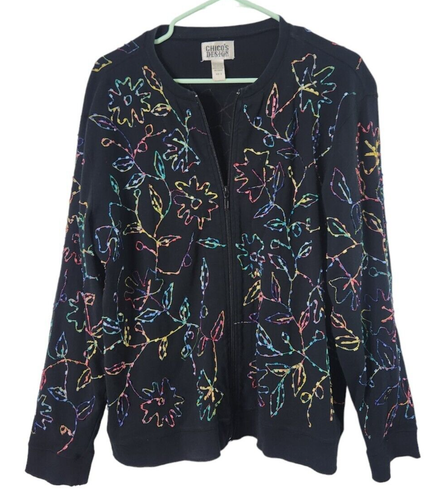 Chicos Design Womens Sz 3 Full Zip Sweatshirt Embroidered Jacket Floral Black