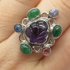 925 Sterling Silver Real Multi-Color Gemstone Wide Ring Size 7 3/4
