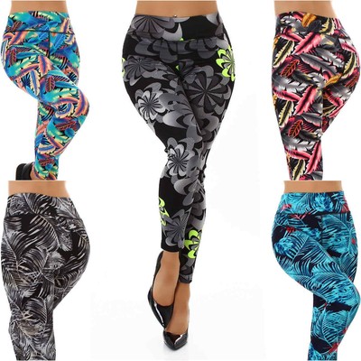 Damen High Waist Leggings bunt geblümt Stretch Schwarz Muster Slim 