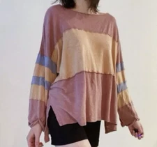 Free People We The Free Berry Orange Color-Blocked Oversized Bobbi Tee Sz M