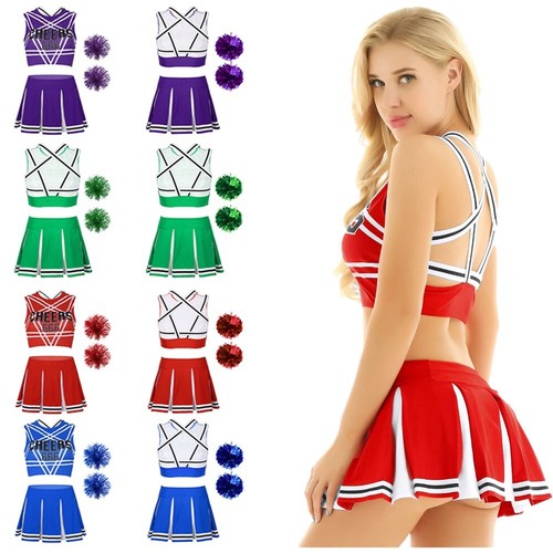 Women's Crop Top With Skirts Cheerleading Cheer Up Outfit Printed Stage Club - Picture 1 of 79