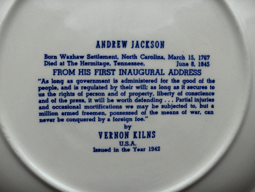 Vernon Kilns President Andrew Jackson collector plate~Ultra shape~Blue~NR - Picture 4 of 4