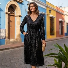 Betsey Johnson Black Sequin V Neck Long Sleeve Midi Dress XS