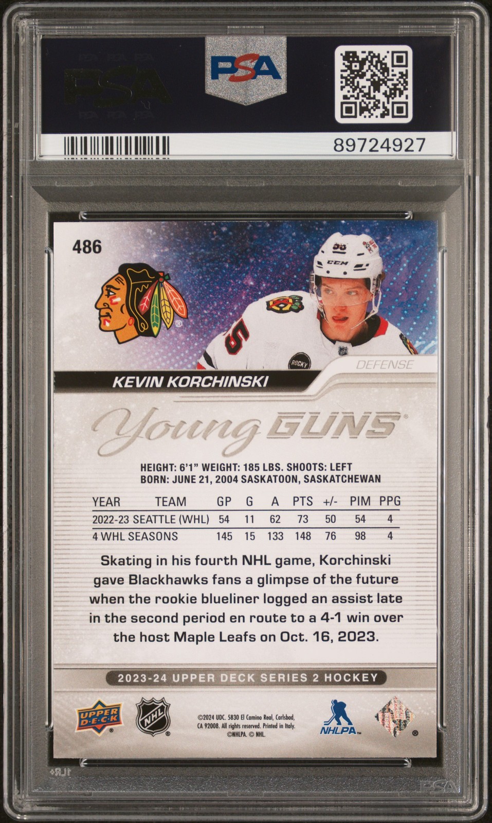 Kevin Korchinski 2023 Upper Deck Young Guns #486 PSA 10 view 2