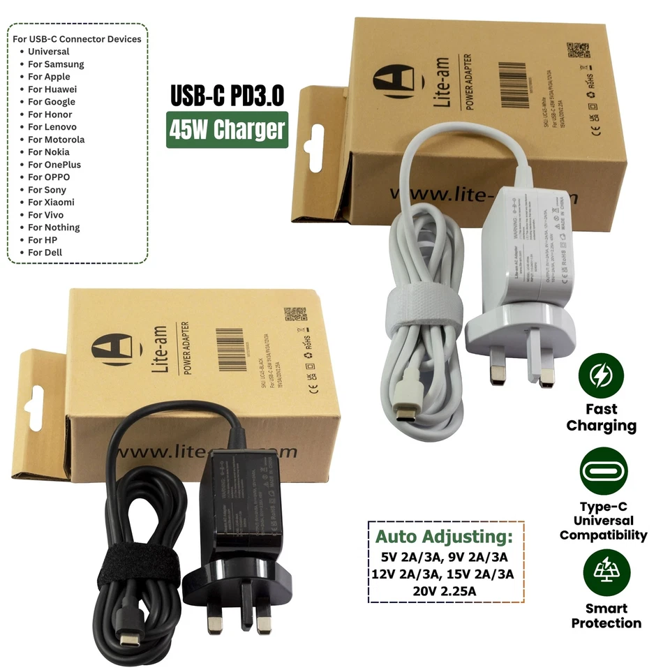 For Huawei P8 Lite (2017) USB-C 45W Charger Type C AC Adapter - Image 2 of 3