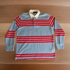 Nautica Rugby Polo Shirt Heavy Long Sleeve Baby Blue/Red Striped Men's Size XL