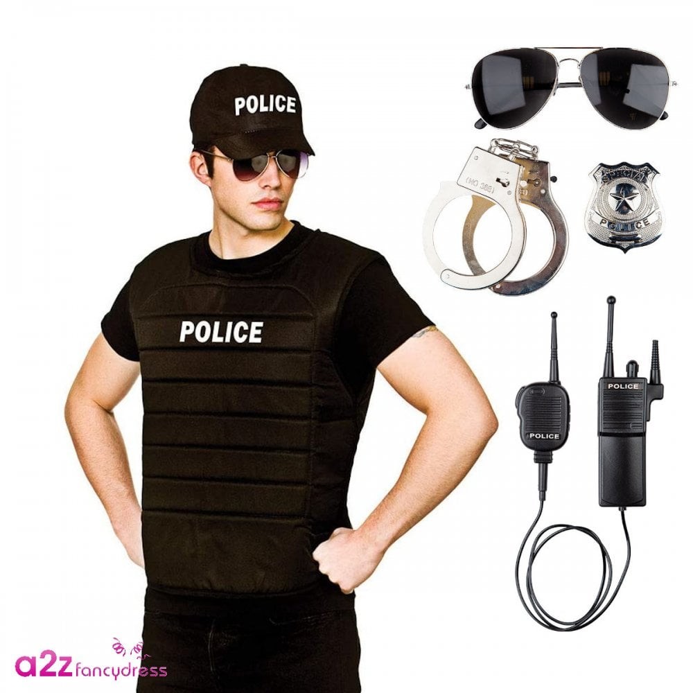 Adult Police Vest & Cap + Radio, Aviators, Handcuffs + Badge Officer Fancy Dress