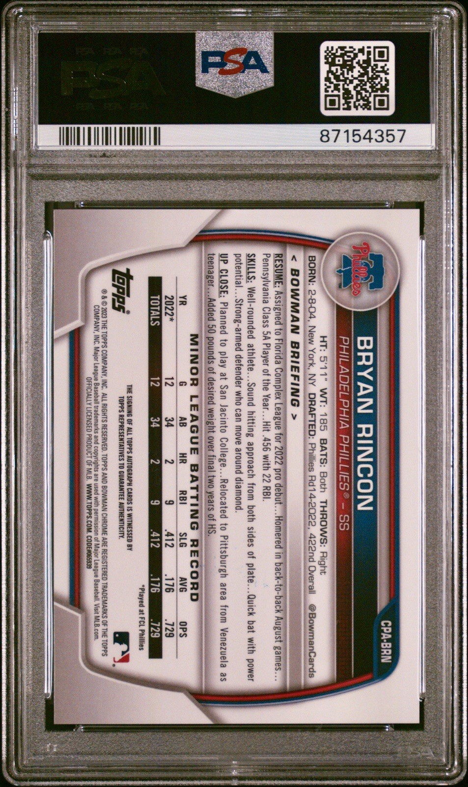 Bryan Rincon - 2023 Bowman Chrome Orange Shimmer Refractor Auto /25 PSA 9 view 2