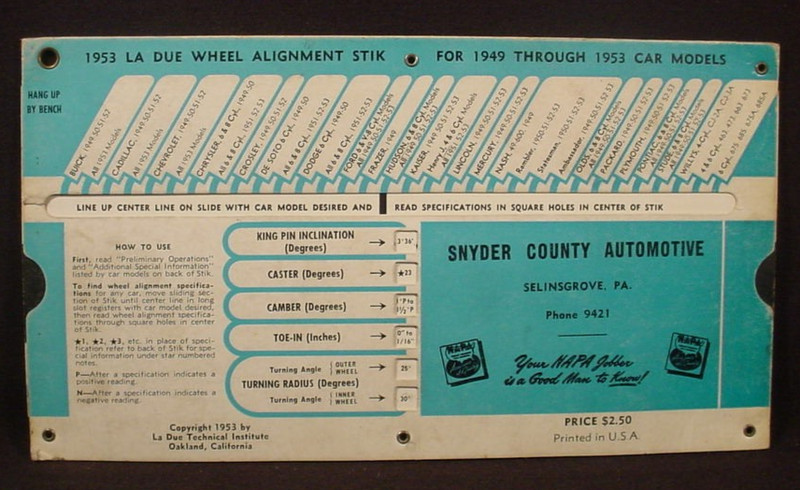 1949 - 1953 AMERICAN CARS FRONT END WHEEL ALIGNMENT CHART - ORIGINAL