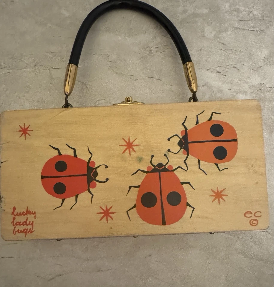 Bolso de mano vintage con caja de madera Enid Collins Lucky Ladybugs años 60 con espejo Foto 4 de 4