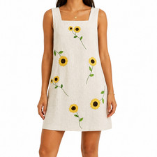 Citi Dress Linen Blend Dress Women Size 8 Floral Embroidered Festival Party Boho