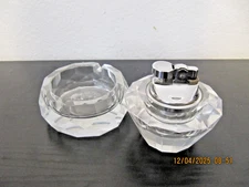 Vtg Faceted Crystal Table Lighter & Ashtray Set Japan MCM Cut Glass Chrome Refil