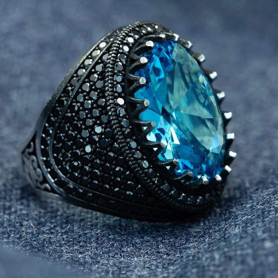 Anillo para hombre de plata de ley 925 hecho a mano con piedras preciosas de aguamarina azul Foto 4 de 4