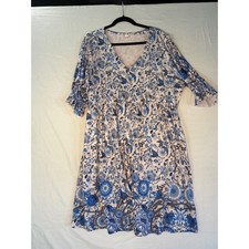 Pink Daisy womens blue & white floral 3/4 sleeve dress Sz 3x cottage core comfy