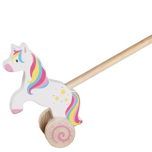 Animal en bois à pousser licorne avec roues silencieuses en caoutchouc pour la motricité