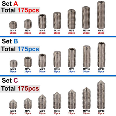 175Pcs M3   High Tensile Flat Point Grub Screw Hexagon Socket Set Screws Headles