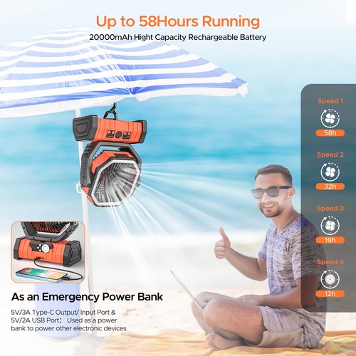 20000mAh Portable Fan with LED/USB Rechargeable Battery Powered 90° Oscillating - Picture 7 of 8