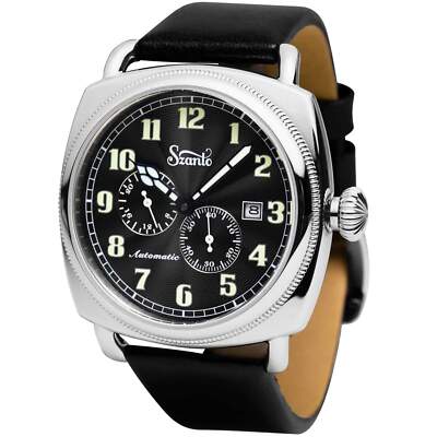 Szanto Men's Watch Officer Coin Cushion Automatic Black Dial