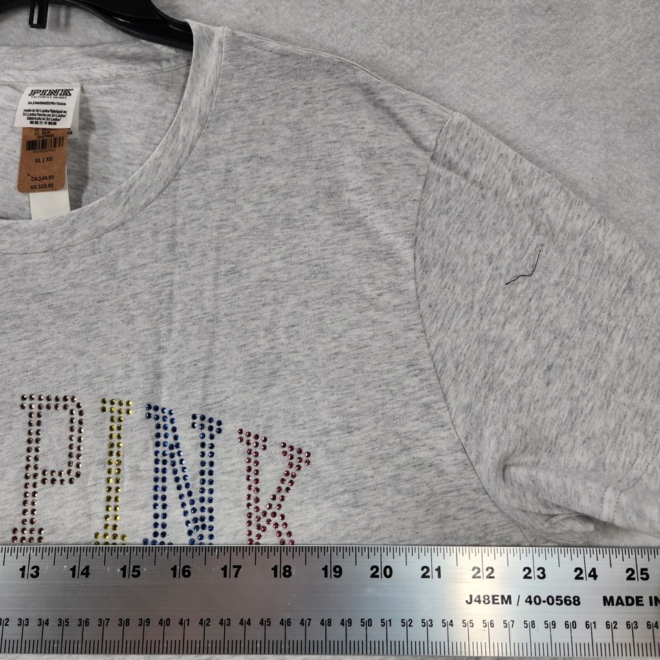 NEW Victoria's Secret PINK Campus Tee Shirt XL Gray Rhinestones Love