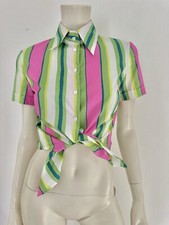 DOLCE & GABBANA D&G Shirt Crop Top Tie Striped Green Pink Cotton Bow SZ S IT 40