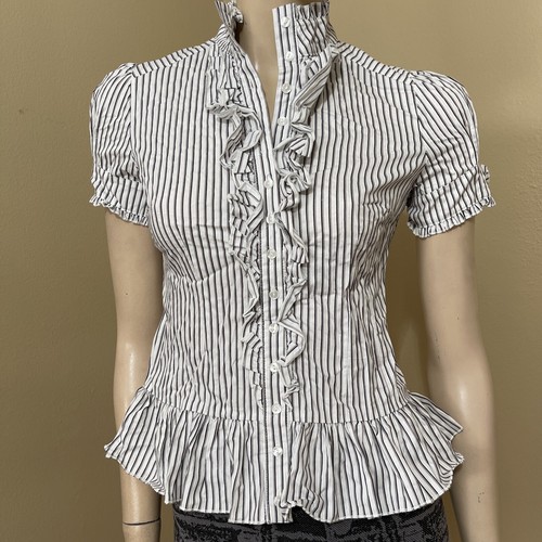 Blusa para mujer blanca a rayas negras algodón informal volantes talla S botones | eBay