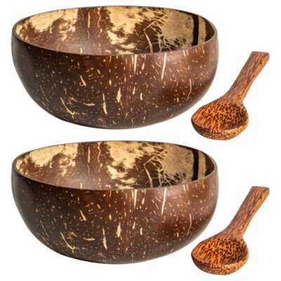 500ml Kokosnuss Schale Schalen mit Löffeln Servieren Snack Handarbeit Artikel (2er Set)