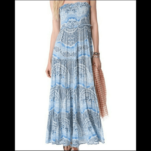 Free People Easy Come Easy Go Maxi Dress Size XS Blue Tiered Smocked