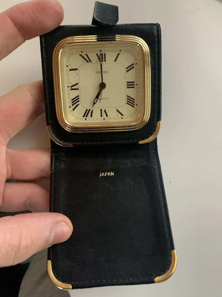 Orig. Seiko Reisewecker Wecker Quartz Quarz Uhr Leder Vintage Retro Japan Gold