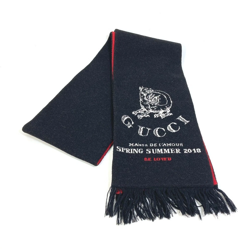 Foulard logo GUCCI BE LOVED frange écharpe laine noir/rouge