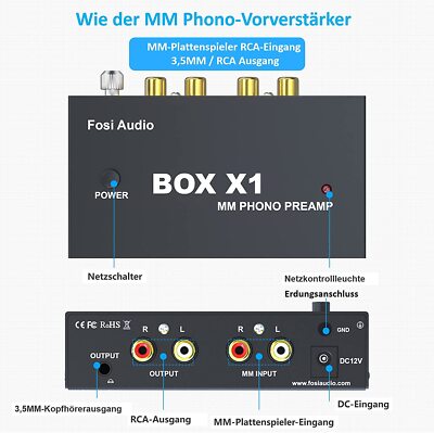 Fosi Audio BOX X1 Phono Vorverstärker für MM-Plattenspieler 3,5MM Kopfhörer &RCA