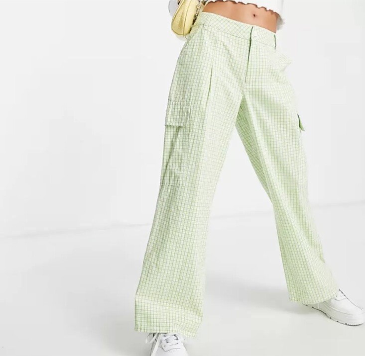 ASOS Oversized Cargo Bright Green Plaid Checkered Pants Size 6 Y2K