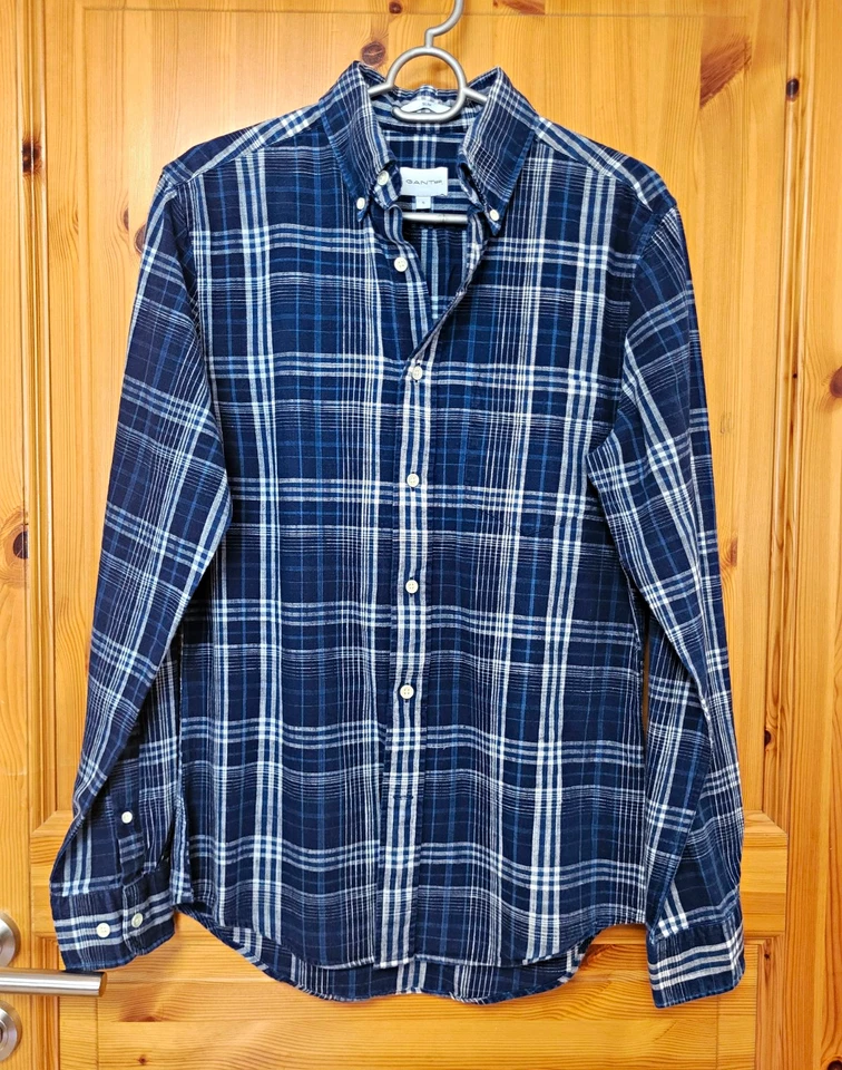 GANT Rugger Herren Hemd Slim blau/weiß kariert Langarm Gr. S Baumwolle 158 164 - Bild 1 von 4