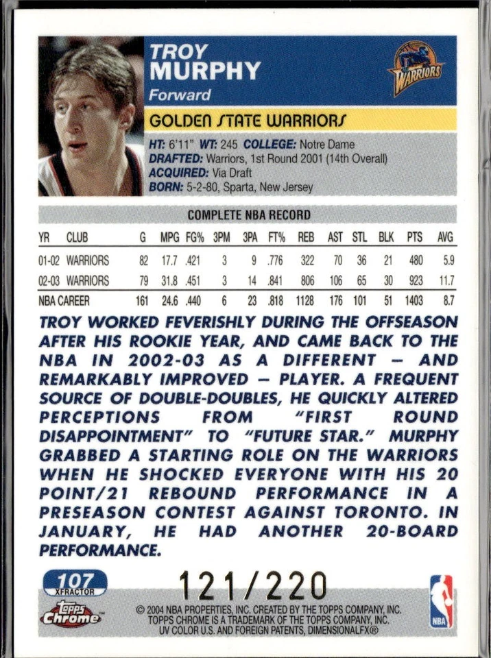 2003-04 Topps Chrome X-Fractor/220 Troy Murphy Warriors #107 Foto 2 de 2